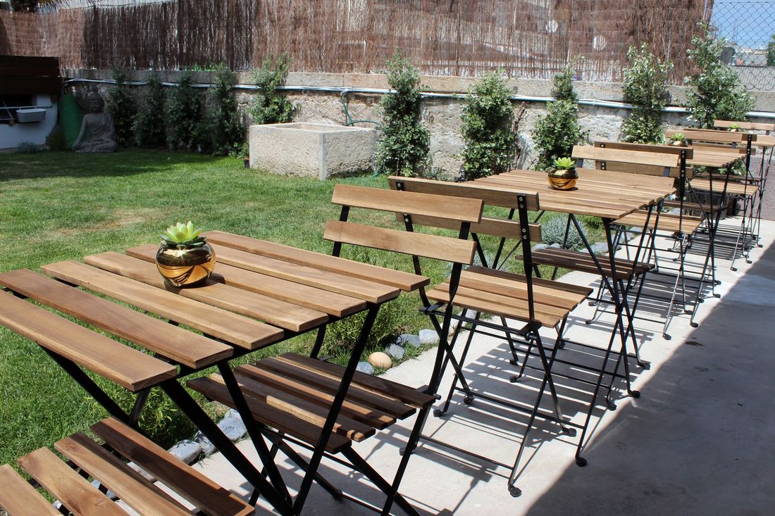 Bistro tables in the morning sun